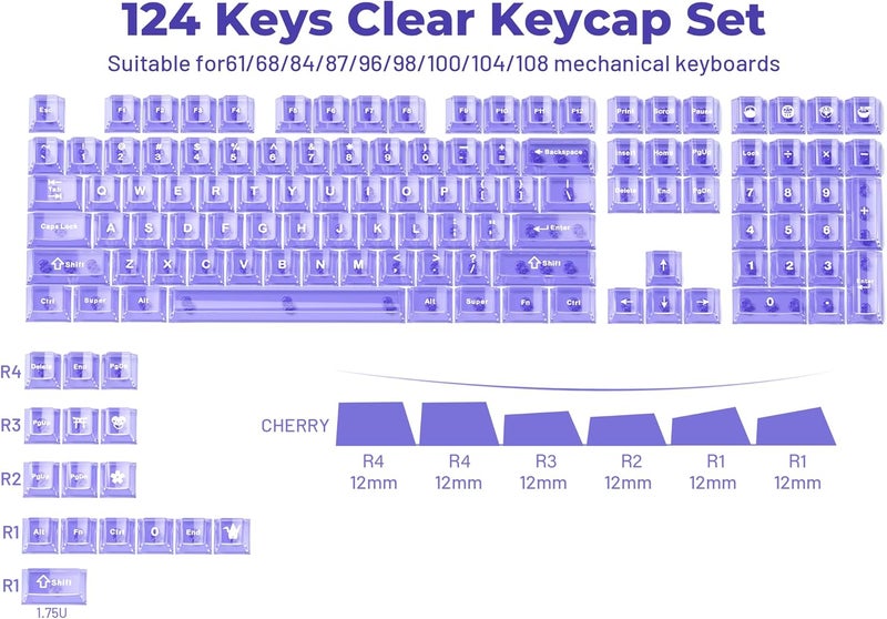 HITIME XVX Clear keycaps, Purple Transparent Keycaps 60 65 75 100 Percent, Crystal Ceramic Custom Key Cap Set 124 Keys, Cherry Profile, Shine Through, Cute Style for Mechanical Keyboards - Image 3